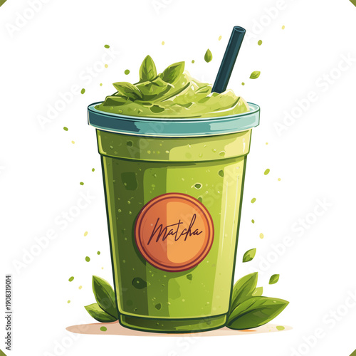 Vector illustration of iced matcha latte in takeaway cup with whipped cream, nuts, straw, green tea drink isolated