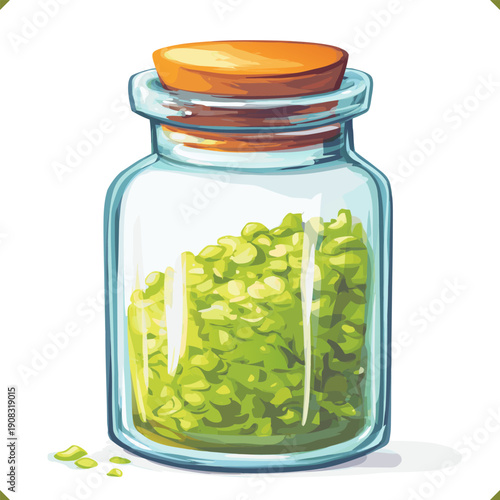 Vector illustration of glass jar filled with matcha green tea powder and fresh leaves, isolated on white background