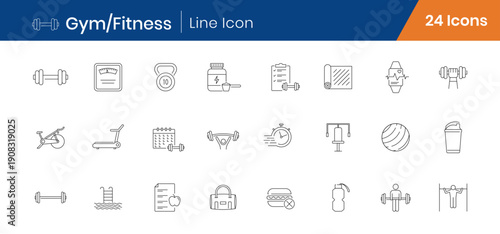 Gym and Fitness Outline Icons Set of 24. Workout Equipment, Training, Exercise Linear Vector Editable Stroke