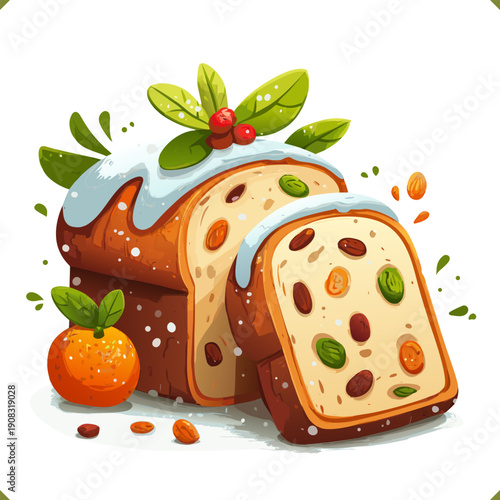 Vector illustration of traditional Christmas stollen slice with powdered sugar, dried fruits, nuts and citrus garnish on plate, isolated on white background
