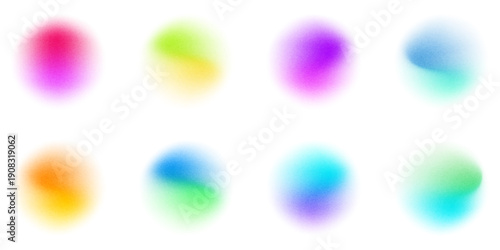 Set color circle gradient noise gradation. Abstract colorful watercolor blur mesh shape on white background. Gradient aura, grain neon blob with noise effect vector illustration.