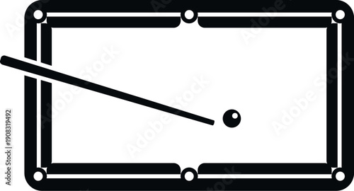 Pool table with cue stick and cue ball, black and white minimal illustration