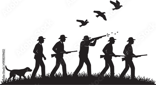 Black silhouette hunters with dog and birds in flight over grassy field also transparent background