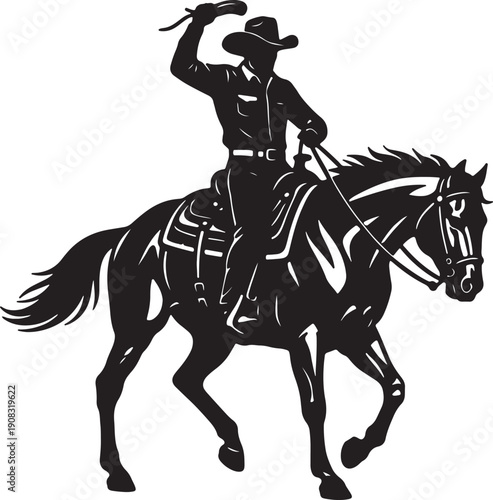 Black silhouette of a cowboy on a galloping horse with a lasso raised also transparent background white background