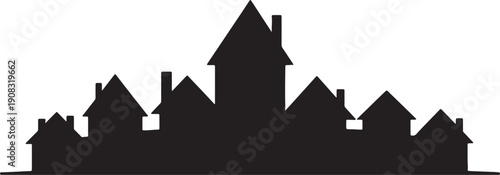 Black silhouette of a sprawling fantasy castle with many pointed towers and chimneys against a white background also transparent background
