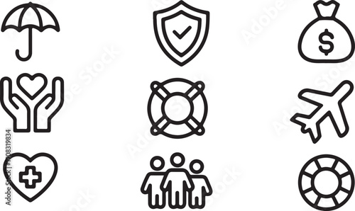 A collection of simple black and white line icons representing various types of protection and services