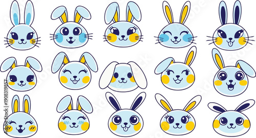 Cute blue bunny faces vector set with various funny expressions