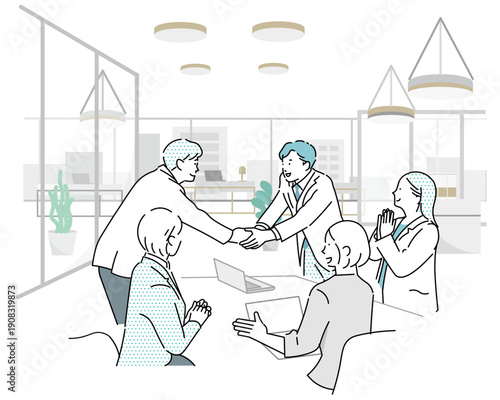 オフィスでミーティングするビジネスパーソンー契約成立し握手するシーンービジネスチームのイラスト素材