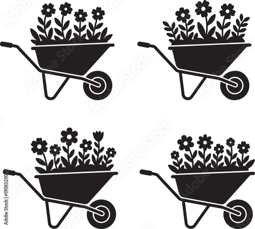 Four black silhouette wheelbarrows overflowing with blooming flowers and foliage on a white background also transparent background