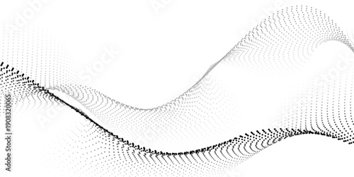 Dark flowing dots. Particles wave pattern in halftone black and white. Concept of technology, science, music, modern.