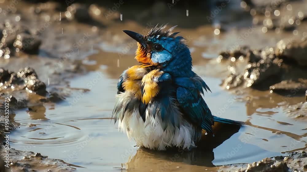 custom made wallpaper toronto digitalA colorful bee-eater bird bathing in a muddy puddle during a rain shower, with water droplets visible.