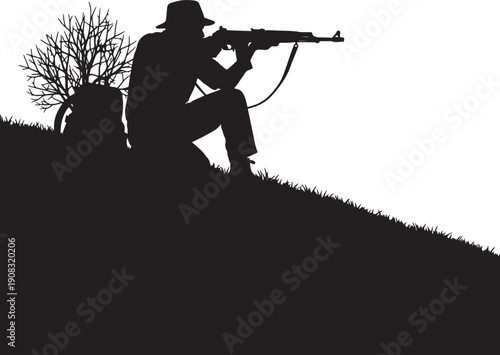 Black silhouette of a hunter in a hat crouching with a rifle aiming on a grassy hill next to a bare tree also transparent background