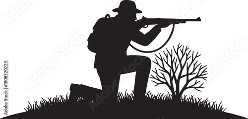 Black silhouette of a hunter kneeling with a rifle aiming next to a bare tree on grassy terrain also transparent background