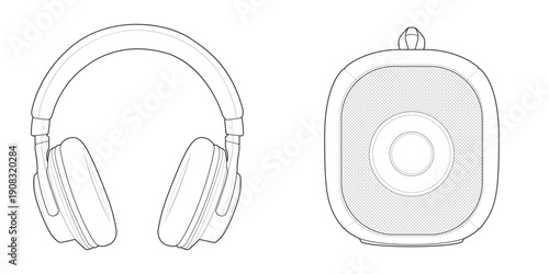 Acoustic hardware schematic set containing over-ear headset and portable speaker.