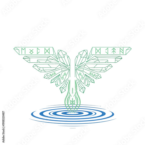 Mystical Crystal Wings Logo with Runes, Line Art, and Water Energy Ripples. Esoteric Geometric Vector Illustration for Fantasy or Spiritual Branding.