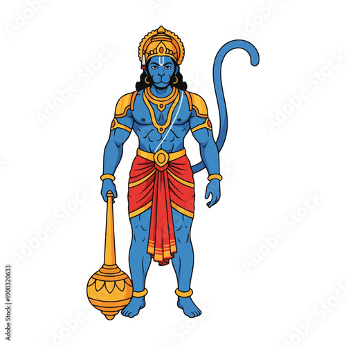 Blue Lord Hanuman Illustration Holding Golden Gada Mace Vector Art