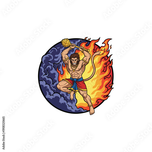 Lord Hanuman Warrior Leaping with Gada Mace against Fire and Smoke.