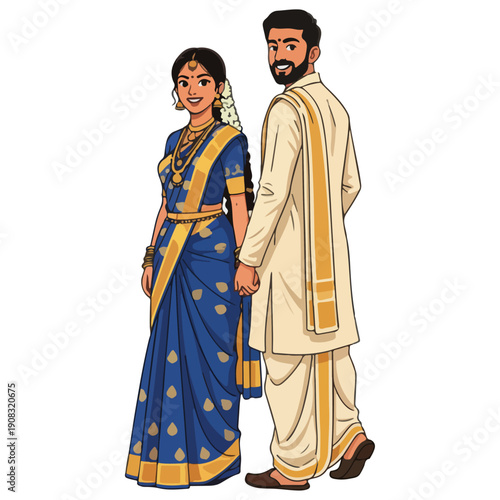 South Indian Wedding Couple Holding Hands in Saree and Dhoti Illustration