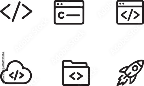 A collection of minimalist black and white icons representing coding cloud services and deployment high quality professional