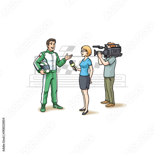 Race Driver Interviewed by TV News Crew holding Microphone and Camera