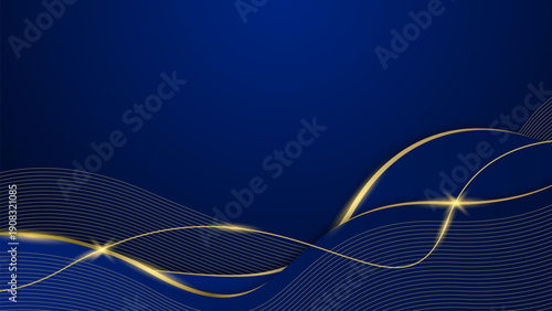 Dark blue luxury premium background with shining gold line waves, suitable for banners, wallpapers, brochures and posters. Vector illustration