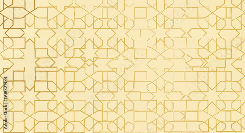Seamless intricate golden geometric pattern on a light yellow background, reflecting traditional Islamic art and architectural motifs