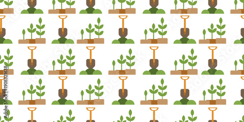 Seamless vector pattern with young seedlings and garden shovel planted in green grass. Spring gardening design perfect for textile printing, fabric and eco-themed surface patterns