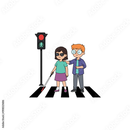 Boy Guiding Blind Girl Across Zebra Crossing at Green Traffic Light
