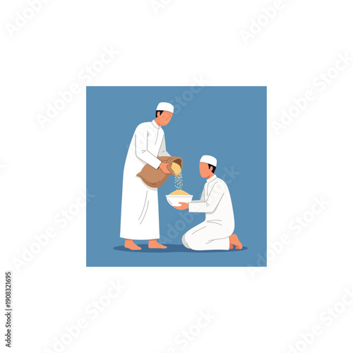 Zakat Al-Fitr charity: Muslim man pouring rice into bowl