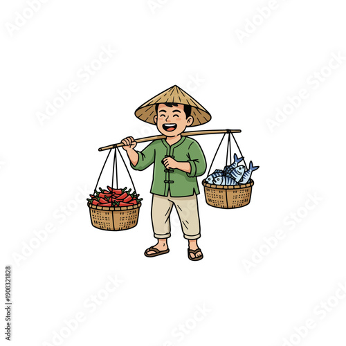 Asian Vendor Carrying Chili Peppers and Fish on Yoke Pole Illustration