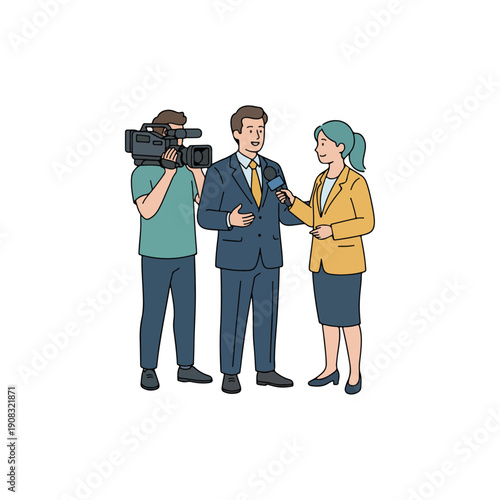 News Reporter Interviewing Man in Suit with Cameraman Filming
