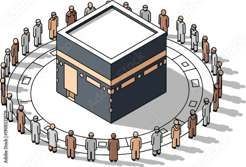 Muslim pilgrims circumambulate holy kaaba in mecca, significant religious site for islam, showing unity and devotion during pilgrimage, illustration.