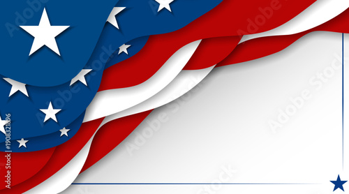 United States American flag USA patriotic papercut white banner, background, web, greeting card, poster, holiday cover, label, flyer, layout. Patriotic Social media print for presentation, information