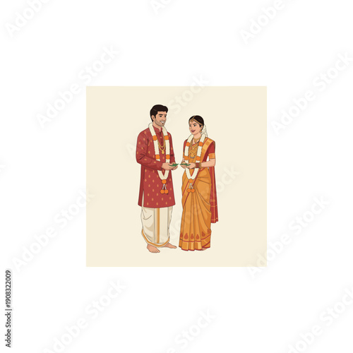 Traditional South Indian Wedding Couple Exchanging Ritual Leaves