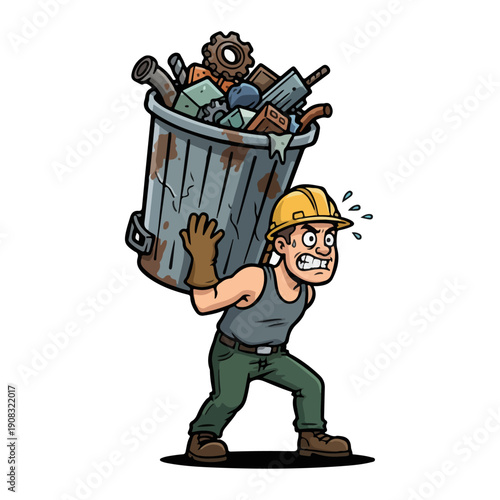 Laborer carrying heavy scrap metal in rusty trash can illustration