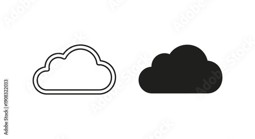 A minimalist depiction showcases two cloud icons one outlined and the other solid black on white high quality