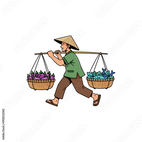 Asian Vendor Carrying Eggplants and Fish Baskets on Shoulder Pole