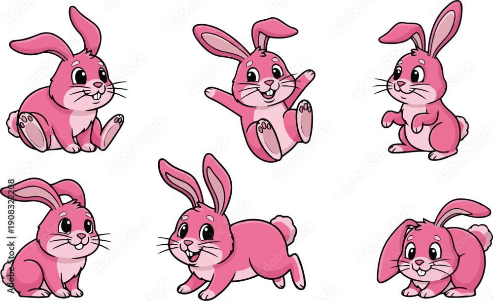 Fototapeta premium Cute pink cartoon rabbit vector set with different poses on white