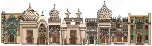 Vintage-style illustration of an ornate Middle Eastern palace with domes, arches, and palm trees, featuring intricate Islamic patterns in warm earthy tones