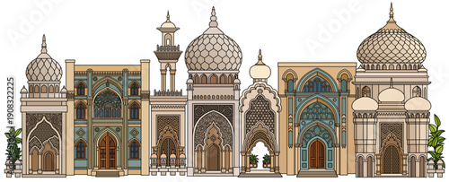 Vintage-style illustration of an ornate Middle Eastern palace with domes, arches, and palm trees, featuring intricate Islamic patterns in warm earthy tones