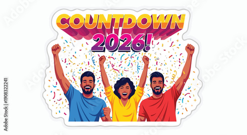 New Year celebration sticker with three people cheering, countdown 2026, confetti, colorful illustration for social media or party invitation, Isolated on transparent background, png