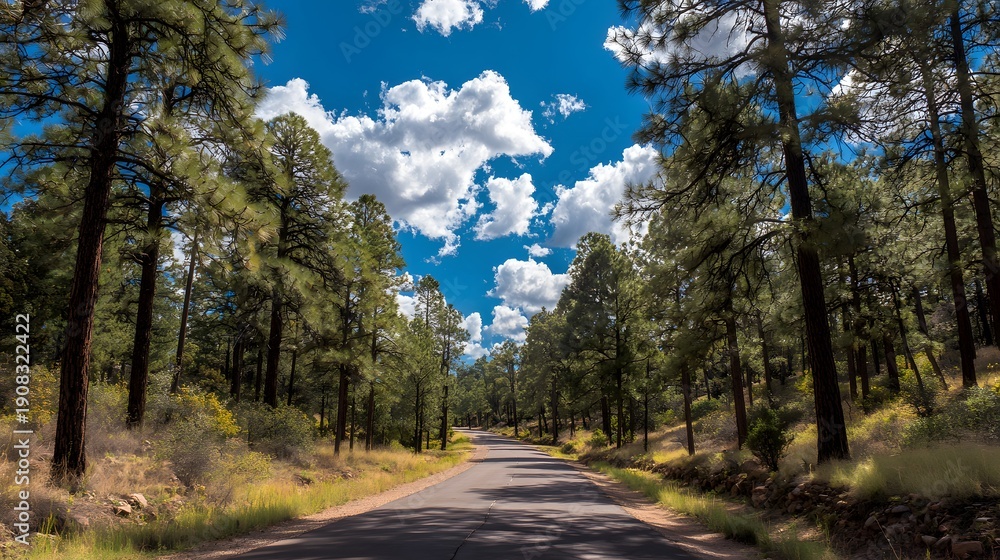 Obraz premium Scenic Forest Road Under a Bright Blue Sky with Fluffy Clouds.