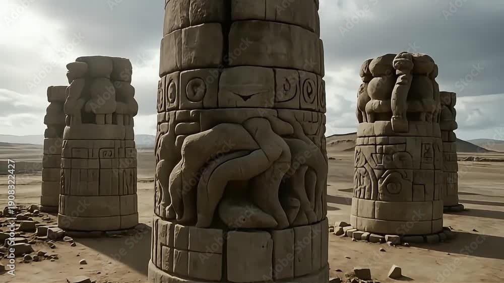 custom made wallpaper toronto digitalAncient stone pillars with intricate carvings stand in a desolate desert landscape under a cloudy sky.