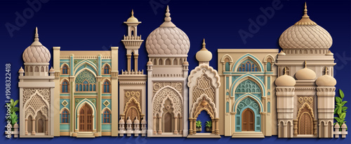 Arabic paper cut style vector illustration of an oriental city with mosques, domes, minarets and palm trees on dark blue background. Ramadan Kareem concept design.