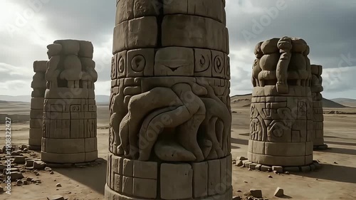 Wallpaper Mural Ancient stone pillars with intricate carvings stand in a desolate desert landscape under a cloudy sky. Torontodigital.ca