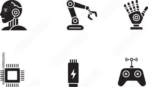 A collection of black silhouettes depicting robotic components heads arms and technological elements high quality professional detailed