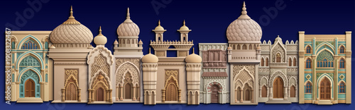 Arabic paper cut style vector illustration of an oriental city with mosques, domes, minarets and palm trees on dark blue background. Ramadan Kareem concept design.