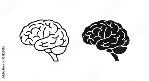 A stark black and white depiction showcases two simplified human brain illustrations side by side conveying neurological concepts high quality professional detailed