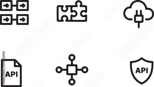 A collection of simple black outline icons representing data security and application programming interfaces high quality professional