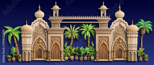 Arabic paper cut style vector illustration of an oriental city with mosques, domes, minarets and palm trees on dark blue background. Ramadan Kareem concept design.